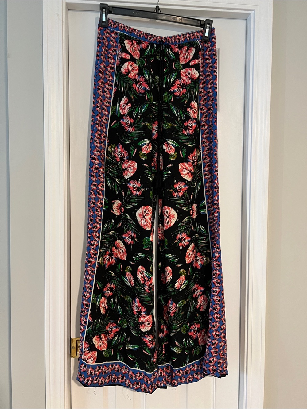 Flying Tomato Black Wide Leg Floral Pants with Pink & Green Print